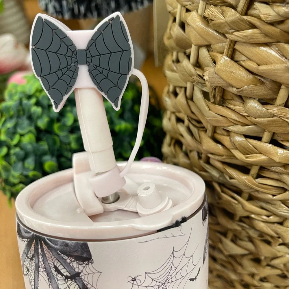 Pink Halloween Black Bows Spiderwebs Insulated Stainless Tumbler w/Lid Straw NWT